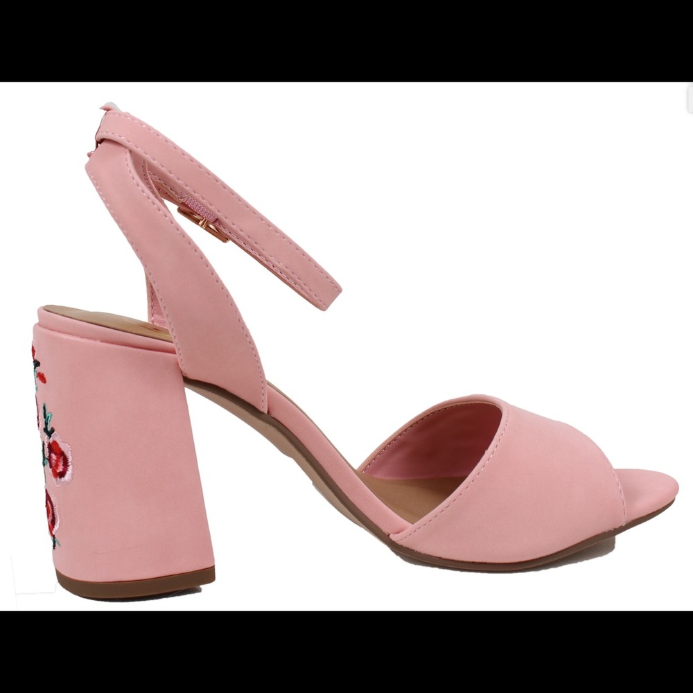 Pink flower embroidered open toe ankle strap heel - Picture 3 of 4